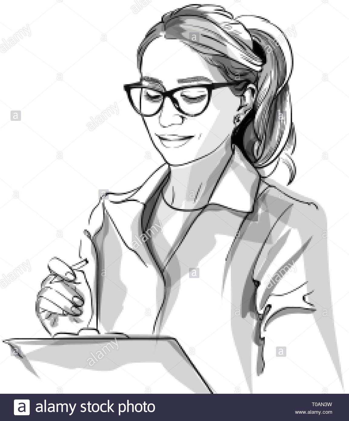 A sketch of a women doctor holiding pen with one hand and pad with another